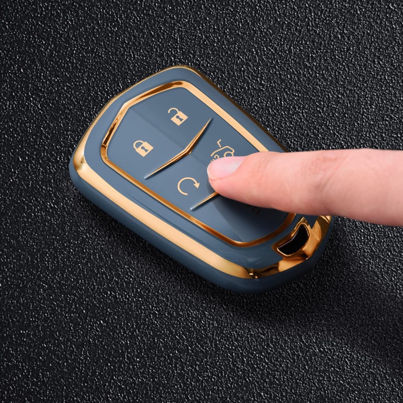 ELOHEI Key Fob Cover for Cadillac, Key Fob Case for 2015-2019 Cadillac Escalade CTS SRX XT5 ATS STS CT6 5-Buttons Premium Soft TPU 361 Degree Full Protection (Gold Edge Grey) - Image 2